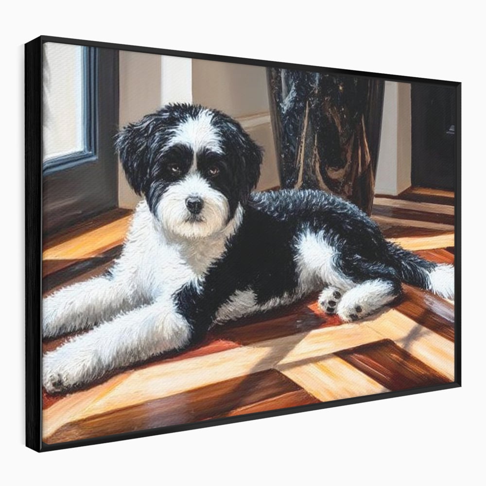 Tablou canvas cu tablou canvas cu catel negru cu alb, in rama de aluminiu negru